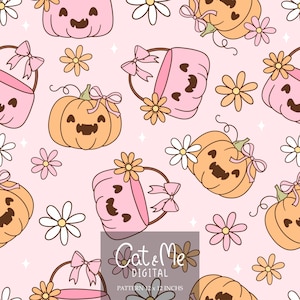 May include: A repeating pattern of smiling pumpkins, pink purses, and daisies on a pale pink backdrop. The pumpkins are orange and the purses are pink, both decorated with bows. The text "Cat & Me DIGITAL" and "PATTERN 12 X 12 INCHS" is visible.