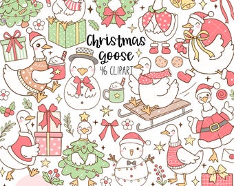 Op de afbeelding: Een verzameling kerst-thema clipart met cartoon ganzen in feestelijke kleding. De illustraties bevatten ganzen met kerstmutsen, sjaals en truien, samen met kerstbomen, cadeaus en sneeuwmannen. De tekst "Christmas goose 46 CLIPART" is ook aanwezig.