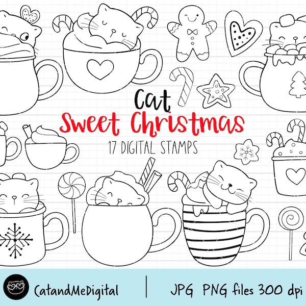 Cats sweet christmas digital stamp Christmas clipart Cat clipart Winter drinks Mug Hot chocolate Marshmallow Cat outline Coloring page