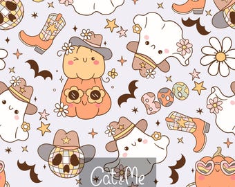 Groovy western halloween pattern Cowboy seamless Retro halloween repeating pattern for sublimation Spooky Boo Pumpkin digital paper