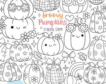 Groovy retro pumpkin digital stamp Outline autumn coloring Doodle disco pumpkin stamp Trendy coquette bow stamp Pumpkin flower coloring page