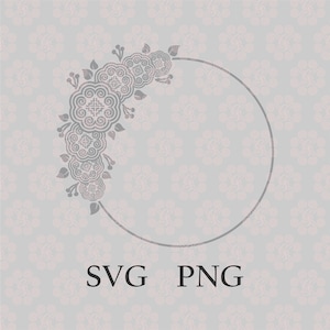 May include: A grey floral design with a circle frame. The text "SVG PNG" is below the frame.