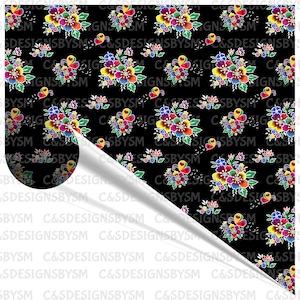 May include: A seamless pattern featuring colorful floral bouquets on a black background. The flowers are stylized and have a folk art aesthetic. The pattern is repeated throughout the image.