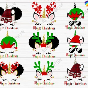May include: A collection of Christmas-themed unicorn face designs. Each unicorn has a unique festive accessory, including Santa hats, elf hats, candy canes, and reindeer antlers. The phrase "Magic Christmas" is written below each design.