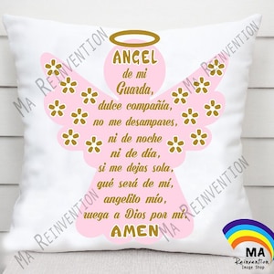 Pack de 2 imágenes digitales SVG, PNG, studio3 y PDF de angelito con oración del ángel de mi guardia. En inglés y español para cortar o imprimir.