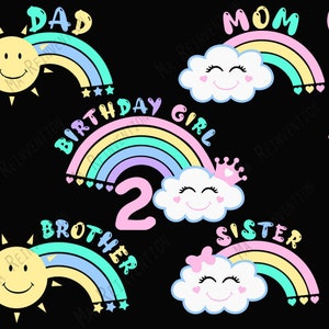 Pack of 5 digital image .svg, .png & .studio3 of Rainbow Birthday for whole family, Birthday Girl, Mom, Dad, Brother and Sister and numbers
