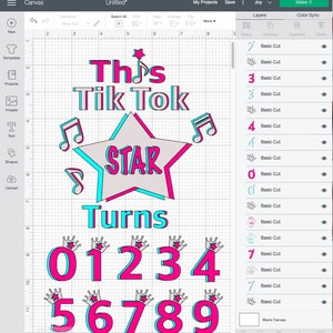 Pu&ograve; includere: Un design rosa e blu per una festa di compleanno con il testo "This Tik Tok Star Turns" e i numeri da 0 a 9 con corone in cima.