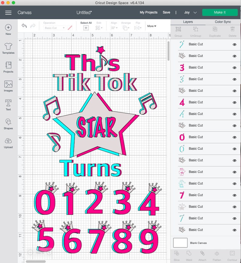 Pu&ograve; includere: Un design rosa e blu per una festa di compleanno con il testo "This Tik Tok Star Turns" e i numeri da 0 a 9 con corone in cima.