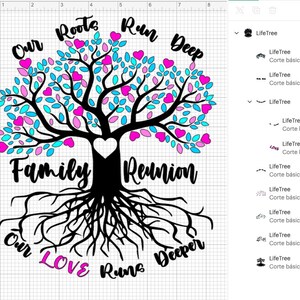 Op de afbeelding: Zwarte en witte silhouet van een boom met roze en blauwe harten op de takken. De boomstam heeft een groot hart in het midden. De woorden "Our Roots Run Deep" staan boven de boom, en "Family Reunion" staat onder de boom. De woorden "Our Love Runs Deeper" staan onder de wortels.