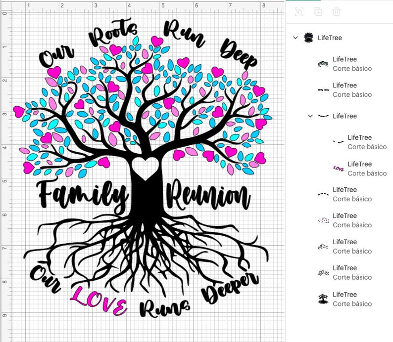 Op de afbeelding: Zwarte en witte silhouet van een boom met roze en blauwe harten op de takken. De boomstam heeft een groot hart in het midden. De woorden "Our Roots Run Deep" staan boven de boom, en "Family Reunion" staat onder de boom. De woorden "Our Love Runs Deeper" staan onder de wortels.