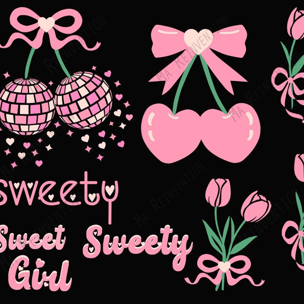 Pack of digital images svg, studio3 and png of  Coquette Cherry, Coquette Cherry Disco Ball, Coquette Tulips, words Sweety, Sweet and Girl.