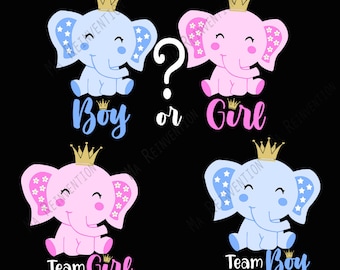 Pack of 3 digital images svg, studio3 and png of Boy or Girl new baby, Team Boy or Team Girl, Gender Reveal Baby Elephant to cut or print.