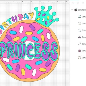 May include: A pink donut with colorful sprinkles and the words "Birthday Princess" in a colorful font. A blue crown with white and pink sprinkles is on top of the donut.