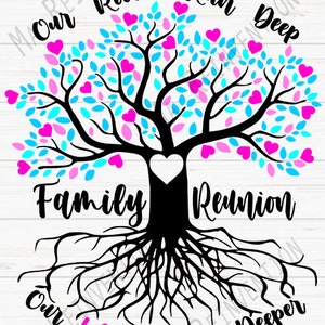 Op de afbeelding: Een zwart-witte illustratie van een familieboom met roze en blauwe harten. De tekst "Our Roots Run Deep" staat bovenaan de boom. De tekst "Family Reunion" staat onderaan de boom. De tekst "Our Love Runs Deeper" staat onderaan de boom.