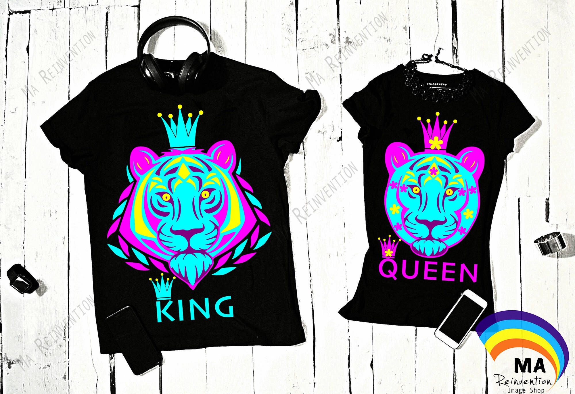 Pack of 2 Digital Image svg, studio3, png of Lion Couple, Lion King, Lioness Queen, fluorescent colors image for cricut, silhouette & print