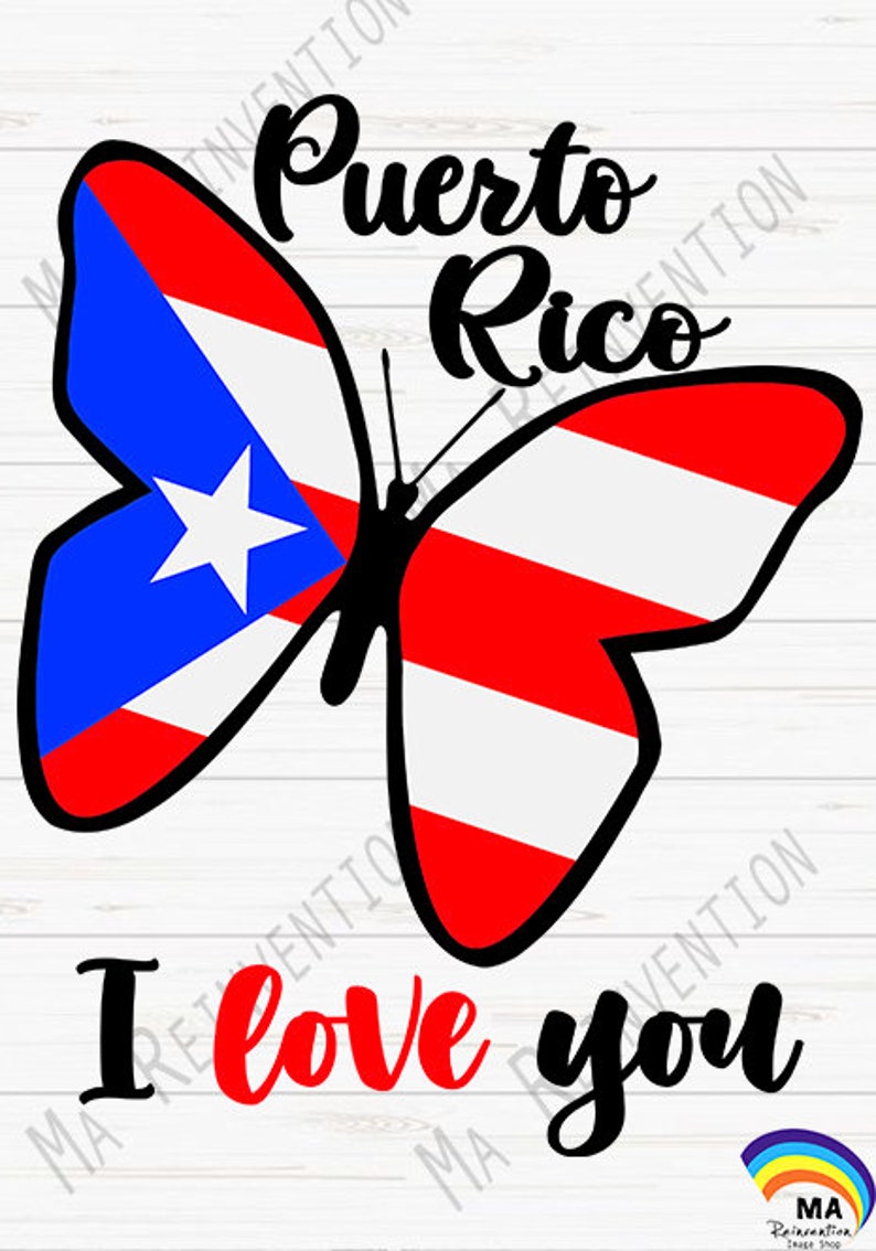 May include: A butterfly with the Puerto Rican flag on its wings. The butterfly is black with red, white, and blue wings. The text "Puerto Rico I love you" is written below the butterfly.
