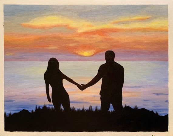 Sunset Painting With Silhouette Couple Holding Hands Etsy Sunset Painting With Silhouette Couple Holding Hands Etsy