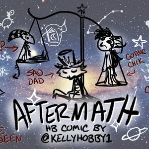 May include: A black and white digital illustration of a comic with the title "Aftermath" and the text "HB comic by @kellyhobby1". The comic features five characters, including a wolf-like creature, a creature with a top hat, a creature with a crown, and two human-like figures. The comic is set against a background of a starry night sky.