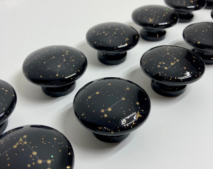Custom Zodiac Constellation Knobs 1.5 Hand Painted Black Wooden Pulls