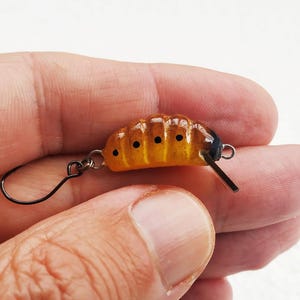 Può includere: Un piccolo artificiale da pesca arancione e marrone a forma di larva, con punti neri e un amo nero. L'esca è tenuta in mano da una persona.