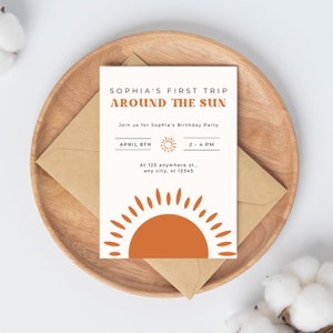 Editable 1st Birthday Invitation | First Trip AROUND THE SUN  Invite Template | Editable in Canva Invite Instant Download