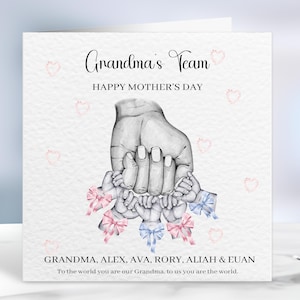 Cartão personalizado para o Dia das Mães. Equipe Mãe, Babá, Vovó, Vovó, Múmia, QUALQUER destinatário. Até 5 mãos de crianças. Punho batido