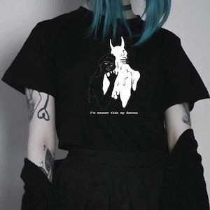 Im Meaner Than My Demons Shirt , Gothic Clothing , Goth Shirt , Aesthetic Shirt , Grunge Clothing Aesthetic , Emo Tshirt , Funny Demon Shirt
