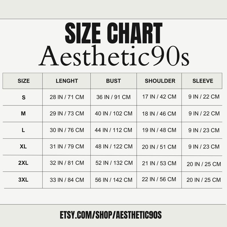 May include: Size chart for clothing in sizes S through 3XL. The chart shows measurements in inches and centimeters for length, bust, shoulder, and sleeve.