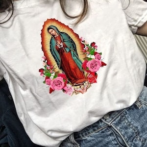 Chemise Lady Guadalupe, T-shirt Vierge Marie, T-shirt Notre-Dame de Guadalupe, Sainte Vierge Marie, Chemises chrétiennes, T-shirts catholiques, Roses