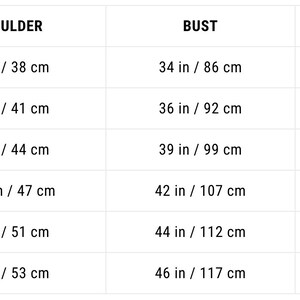 May include: Size chart showing shoulder, bust, and length measurements in inches and centimeters for sizes XS, S, M, L, XL, and XXL.