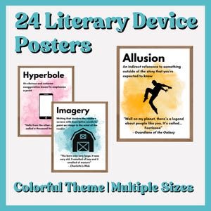 Pósteres coloridos de recursos literarios para el aula: tablas de referencia ELA imprimibles para la decoración de inglés de secundaria y preparatoria