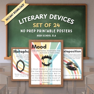 Könnte beinhalten: Eine Klassenzene mit einer grünen Tafel mit der Aufschrift "LITERARY DEVICES SET OF 24" und drei gerahmten Postern. Die Poster zeigen literarische Begriffe wie "Metapher", "Stimmung" und "Gegenüberstellung" mit Definitionen und Beispielen. Das Bild wirbt für druckbare Bildungsressourcen.