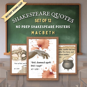 May include: A set of 12 Shakespeare quotes posters from Macbeth, each with a wooden frame. The posters feature quotes on a white background with a blood splatter design. They are displayed on a green chalkboard.