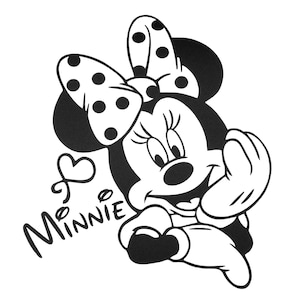Puede incluir: Ilustración en blanco y negro de Minnie Mouse con un gran lazo rojo con lunares blancos. El texto "Minnie" está escrito en una fuente cursiva debajo de la imagen.