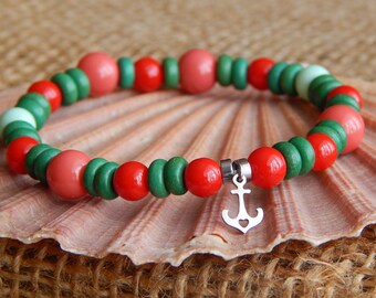 Beaded Bracelet,Stretchy Bracelet,Bracelet With Anchor,Bracelet For Women,Red & Green Beads Bracelet