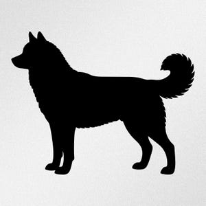 Könnte beinhalten: Eine schwarze Silhouette eines Hundes, wahrscheinlich ein Husky, im Profil. Der Hund hat einen buschigen Schwanz und ein dickes Fell. Das Bild ist ein einfaches Design, das sich für Artikel für Haustiere eignet. Der Hund steht auf allen Vieren.