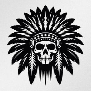 May include: A black and white graphic of a skull wearing a Native American headdress. The headdress is adorned with feathers and a beaded band. The skull has visible teeth and eye sockets, creating a striking and detailed design.
