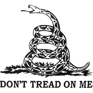 May include: A black and white illustration of a coiled rattlesnake with its mouth open, with the words "DON'T TREAD ON ME" below it.