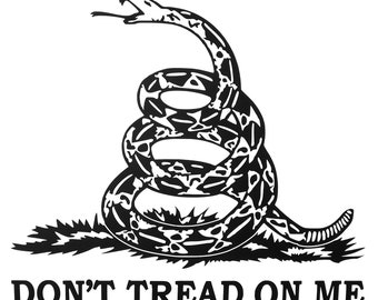 May include: A black and white illustration of a coiled rattlesnake with its mouth open, with the words "DON'T TREAD ON ME" below it.