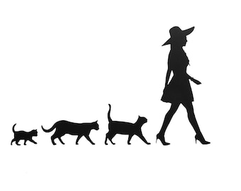 猫を連れた女性ビニールデカール、車の窓ステッカー、猫好きへのギフト