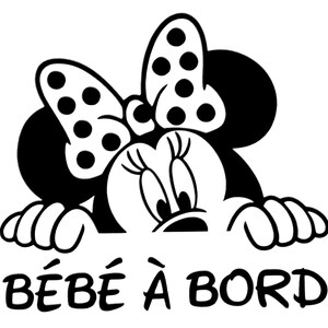 May include: Black and white illustration of a cartoon mouse with a polka dot bow peeking over a white surface with the text "BÉBÉ À BORD" in black.