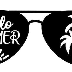 May include: Black and white illustration of sunglasses with the text "hello summer" on one lens and palm trees on the other lens.
