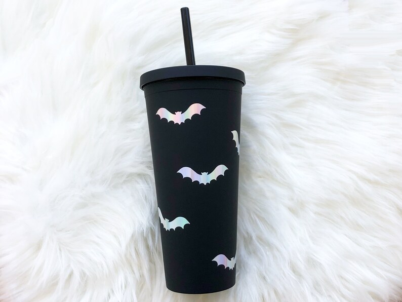 Halloween Bat Matte Black Tumbler with Straw | Fall Themed Iced Coffee Cup | Halloween Water Bottle  | Autumn Coffee Lover Cup 