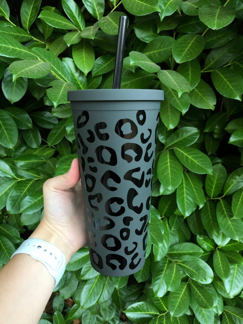 Matte Black Leopard Print Tumbler | Matte Black Water Bottle with Straw for Teen Girl | Holographic Cheetah Print Lover | Animal Print Cup 