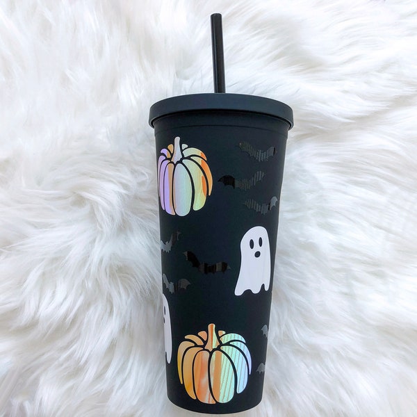 Halloween Pumpkin Bat Ghost Matte Black Tumbler with Straw | Fall Themed Iced Coffee Cup | Halloween Water Bottle | Spooky Season Cup |Ghost