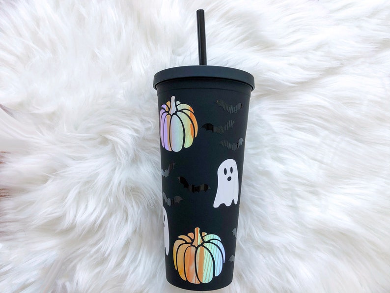 Halloween Pumpkin Bat Ghost Matte Black Tumbler with Straw | Fall Themed Iced Coffee Cup | Halloween Water Bottle | Spooky Season Cup |Ghost 