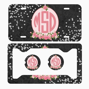 Pink Roses , Black Floral with Diamond Pieces,Circle Pink Monogram Personalized License Plate ,License Frame, Circle Monogram Car Coasters