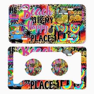 Beach Life Decor,Beach Bound Colorful BEACH art, License Frame Car Coasters License Plate Car Tag Set Monogram License Plate Accessories