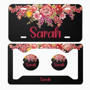 Black Background , Roses ,Flowers,Personalized License Plate,License Frame, Monogram Car Coasters,Cute Gift,