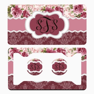 Roses License Plate , Vine Monogram, Flowers ,Personalized License Plate Frame, Monogram Car Coasters